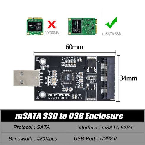 chenyang mSATA SSD to USB Adapter, Mini SATA mSATA SSD to USB 2.0 Hard Disk Drive Enclosure for 50mm mSATA SSD