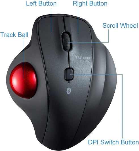 SANWA Bluetooth Ergonomic Trackball Mouse, Optical Vertical Rollerball Mice with Adjustable DPI, Compatible with