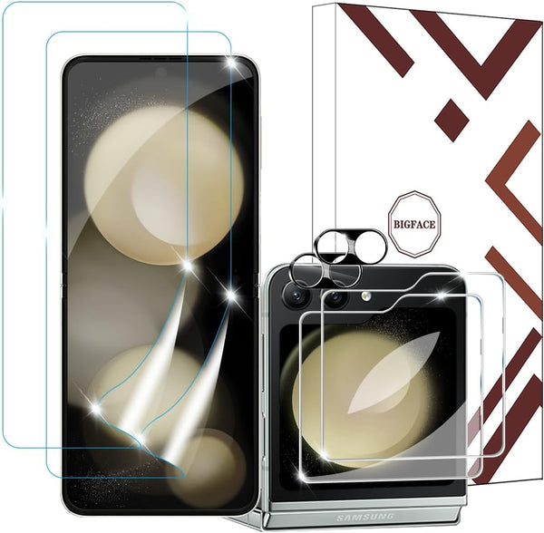 BIGFACE 6 in 1 Screen Protector for Samsung Galaxy Z Flip 5: 2 EPU Films, 2 Tempered Glass Back, 2 Camera Lens