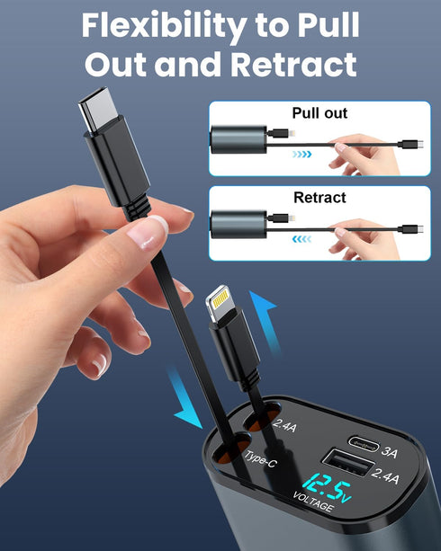 4 in 1 Retractable Car Charger, 60W Fast Phone Charger with Cord, Compatible with iPhone 15/14/13/12/11 Pro Max