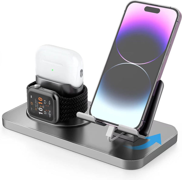 180° Rotation Phone Charger Stand Holder, 3in1 Charger Dock for Apple iWatch/AirPods/iPad and Most Smartphones (Gray)