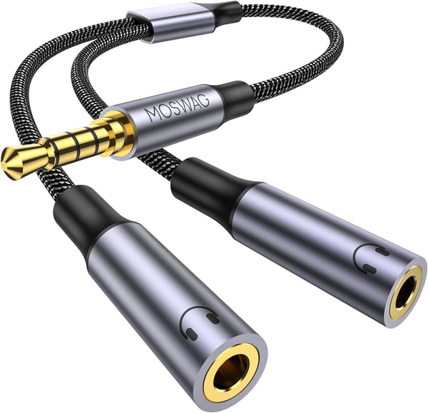 MOSWAG Headphone Mic Splitter 3.5mm Y Adapter, 2 Female to 1 Male Jack Cable for Separate Audio Microphone