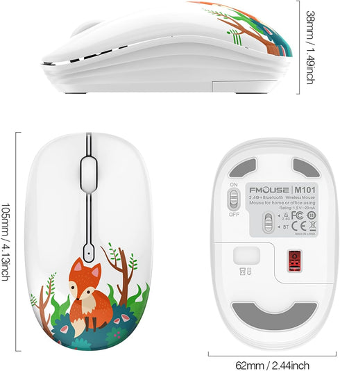 Cute Wireless Mouse, Dual Mode Bluetooth Mouse with 2.4GHz USB Receiver for Laptop, iPad, MacBook, Silent Cartoon Fox