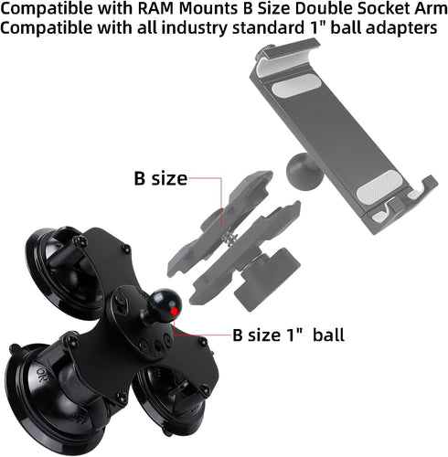 Triple Suction Cup Car Base Mount with 25mm/1" Ball for Ball Phone Mount, Compatible with RAM Mounts