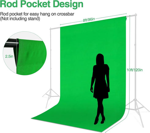 8x10ft Green Screen Backdrop, (WxH) Photography Chromakey Greenscreen Background Sheet, Polyester Collapsible Green