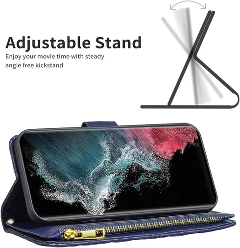 Asuwish Wallet Case for Samsung Galaxy S22 Ultra 5G - Leather Flip, Credit Card Holder, Tempered Glass, Blue.