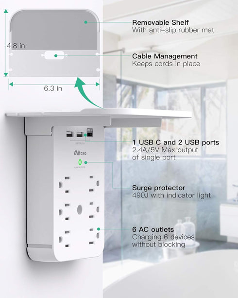 Wall Outlet Extender with Surge Protector, 6 AC Outlets, Shelf, 2 USB & USB C Charging Ports