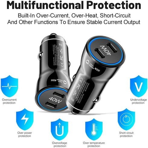 USB C Car Charger, 2-Port 40W Dual USB-C Power Adapter, PD/QC Fast Charging for iPhone, Samsung Galaxy, Pixel