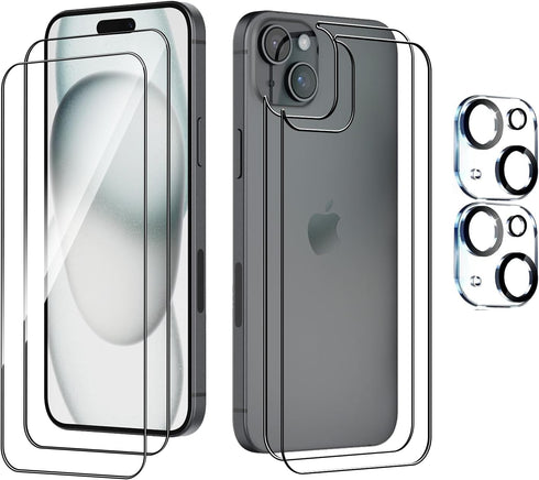 iPhone 15 6.1" Front & Back Screen Protector Glass - 2 Front, 2 Back, 2 Camera Lens Protectors + Alignment Tool.