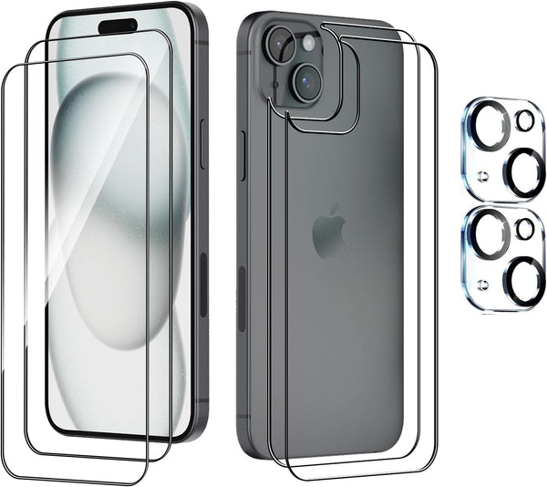 Front and Back Screen Protector Glass for iPhone 15 Plus 6.7 inch, 2 Pcs Front + 2 Pcs Back + 2 Pcs Camera Lens