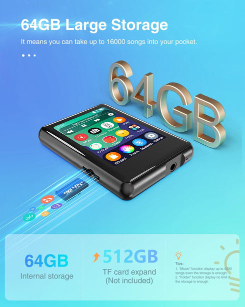 tokemisc 64GB MP3 5.3, Mp3 512GB Player with Bluetooth Full Touch Screen Music Player Built-in Speaker,FM Radio,Voice