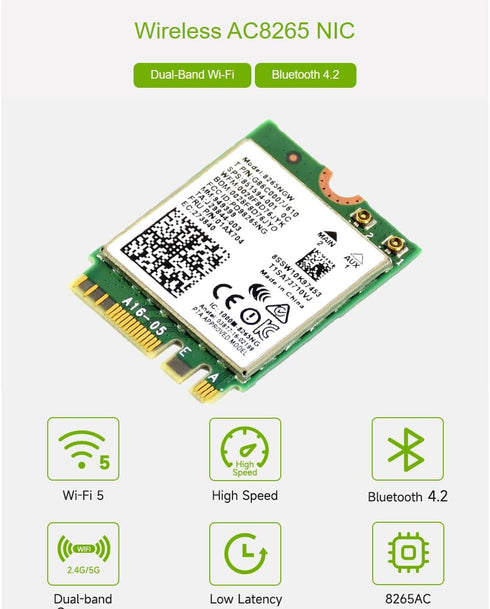 Wireless-AC8265 Dual Mode AC8265 Wireless NIC Module for Jetson Nano Developer Kit M.2 NGFF Support 2.4GHz / 5GHz 300Mbps / 867Mbps Dual Band WiFi and Bluetooth 4.2