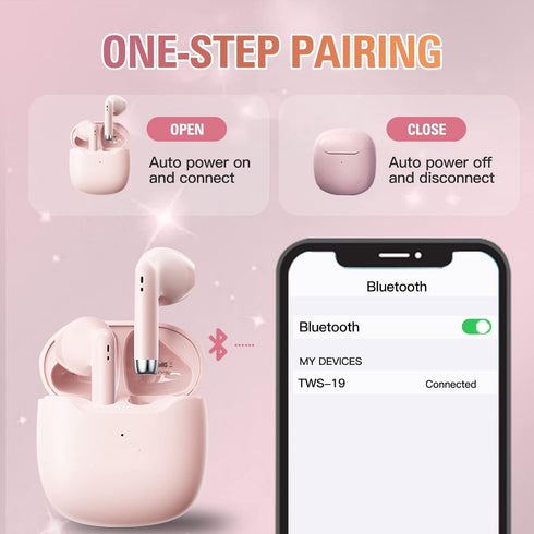 Pink True Wireless Earbuds Bluetooth 5.3 with Microphone for Working Out Noise Canceling Blue Tooth Ear Buds Deep Bass TWS Wireless Earphones with Charging Case in Ear Headphone for iPhone Android
