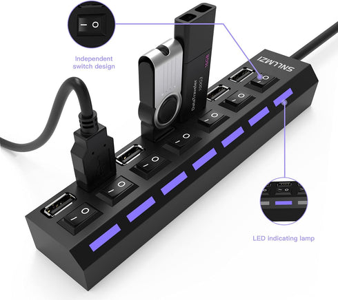 USB Hub 7 Port USB 2.0, LED Portable High-Speed Compatible for iMac Pro, MacBook Air, Surface Pro, PC and Laptop