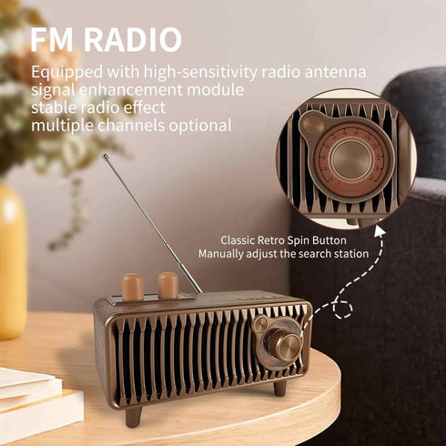 Retro Bluetooth Speaker, Vintage Radio Walnut Wood Rotary FM Radio, 20W Dual Speakers Stereo, U Disk/TF Card/Aux Music