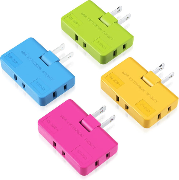 3 Way Flat Wall Outlet Extender AC Adapter - Adjustable Rotatable Mini Socket, Type A, 4 Pack, Multiple Color