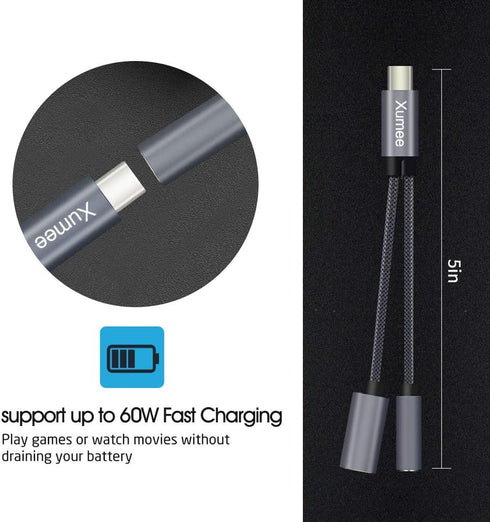 Xumee USB Type C to 3.5mm Headphone and Charger Adapter, 2-in-1 USB C to Aux Audio Jack for iPhone 15 Pro Max, Galaxy