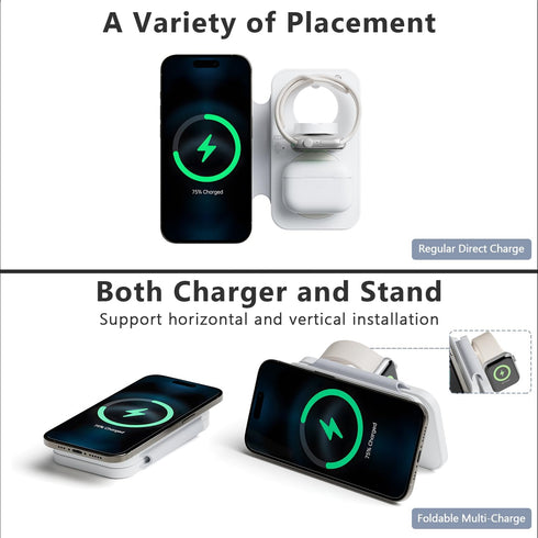 2024 Version 3 in 1 Wireless Super Fast Charging Station for iPhone, Apple Watch, AirPods, Magnetic Foldable Dock, White