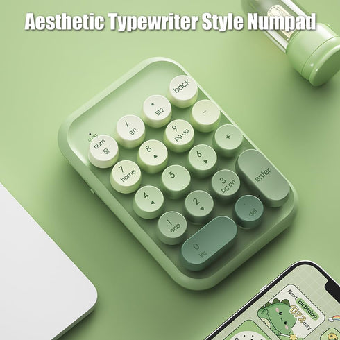 Typewriter Style Number Keypad, Wireless 2.4G/Bluetooth/USB-C Rechargeable Numeric Pad, 18-Key NKRO Retro Round Keycaps