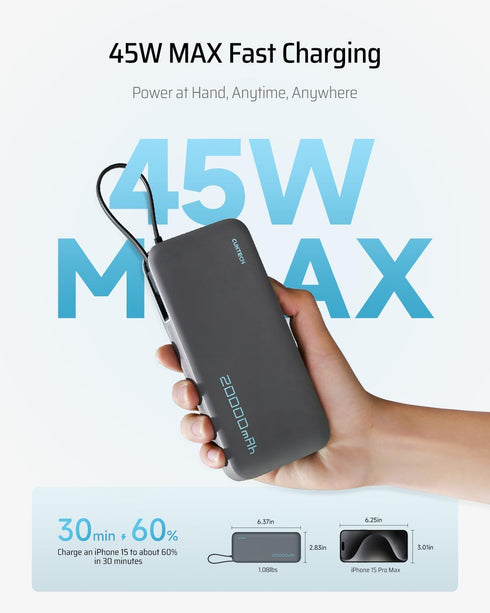 CUKTECH 20000mAh 45W Power Bank with Built-in USB C Cable, Fast Charging Battery Pack for iPhone 16/15 Pro Max, Samsung