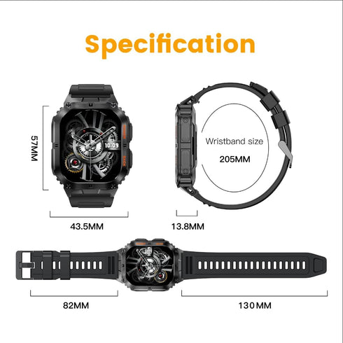 Military Smartwatch for Men, 1.96" AMOLED Screen, Bluetooth Calls, IP68 Waterproof, Black & Orange Bands