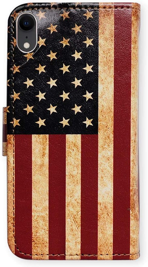 Case for iPhone XR, Retro American Flag Leather Flip Wallet Cover with Card Slot Holder and Kickstand