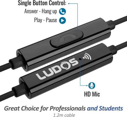 LUDOS FEROX Wired Earbuds, In-Ear Headphones with Microphone, Noise Isolation, Corded for 3.5mm Jack, Ear Buds for