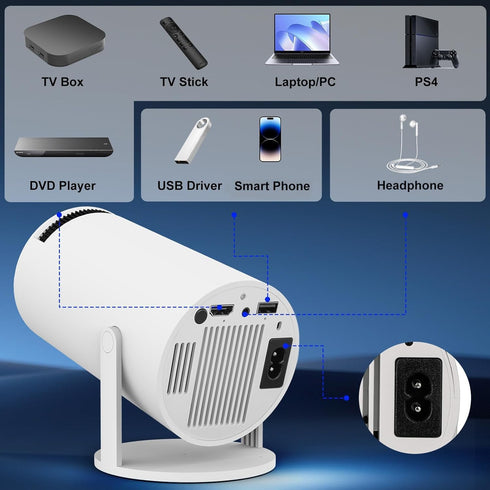 Mini Projector with WIFI 6, Bluetooth, 4K 1080P Support, Portable 180° Rotatable 130'' Screen Movie Projector for