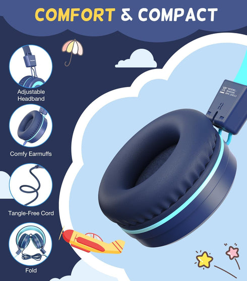 Kids Headphones, Upgrade USB Type C Kids Headphones for School, 94dB Volume Limit Wired On-Ear Headset for