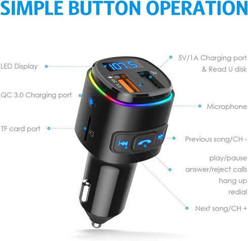 Upgraded Criacr V5.0 Bluetooth FM Transmitter for Car, QC3.0 Charge & 7 RGB Color LED Backlit Adapter