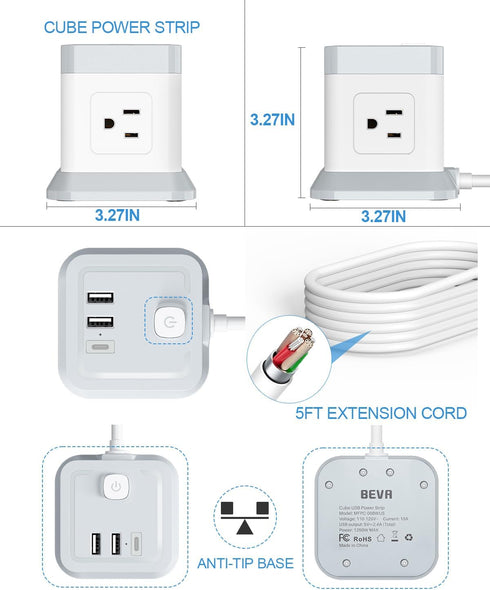 BEVA 5ft 4 3 Power Strip with USB - Long Extension Cord Desktop Charging Station, Power Strip Cube with Outlets and USB