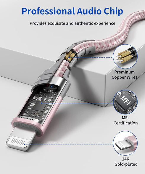 JSAUX 6FT Lightning to 3.5mm Audio Cable - Apple MFi Certified, Compatible with iPhone 14/13/12/11/X - Pink