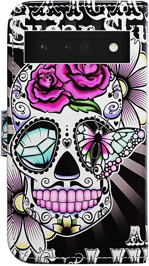 Purple Flower Sugar Skull Leather Flip Phone Case Wallet Cover with Card Slot Holder Kickstand for Google Pixel 6 Pro