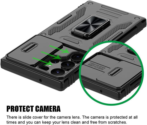 Shockproof Phone Case for Samsung Galaxy S24 Ultra, Sliding Camera Cover & Ring Holder Kickstand, Black