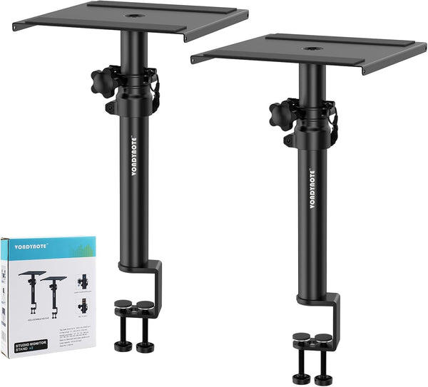 Set of 2 Height Adjustable Studio Monitor Speaker Stands, 12" to 18" with Desk Clamp for Desktop Use.