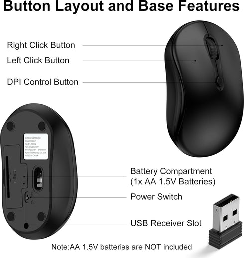 Radidi 2.4GHz 12-Month 3 800/ 1200/ 1600, Wireless Mouse for Laptop, Computer Mouse for Work, Battery Life, Adjustable