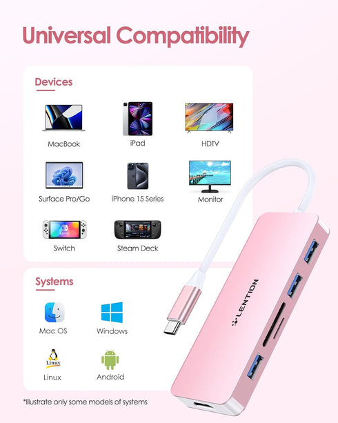 LENTION USB C Hub with 4K HDMI, 3 USB 3.0, SD/Micro SD Reader, Compatible with 2016-2023 MacBook Pro, Air