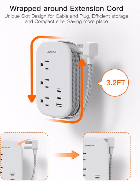USB C Travel Power Strip - Ultra Flat Extension Cord with 3 Outlets and 3 USB Ports