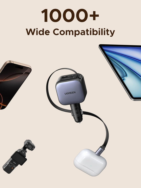UGREEN 60W 2C1A 3-Port 30W 17/16/15, S25/S24, 12V Car Charger with Retractable Cable, Fast Charger with PD USB-C