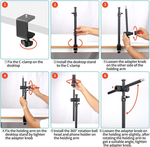Overhead Camera Mount Desk Stand with 360° Adjustable Holding Arm, Flexible Phone Stand with Ballhead and Phone Mount