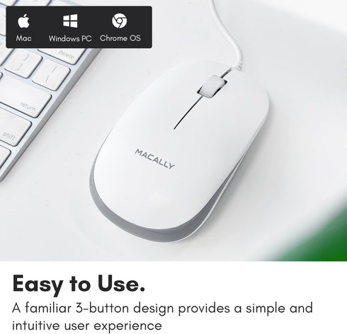 Macally USB Wired Mouse for Mac & Windows - 3 Button Corded Computer Mouse with Scroll Wheel