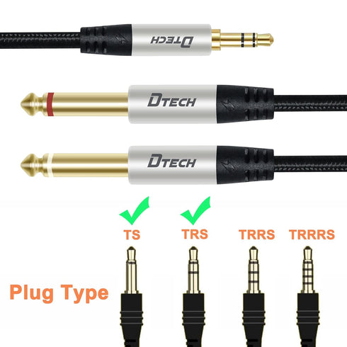 DTECH 5ft Audio Stereo Cable TRS 1/8 to Dual Quarter Inch TS 6.35mm Y Splitter, 3.5mm to 1/4 Adapter, Guitar AMP Aux