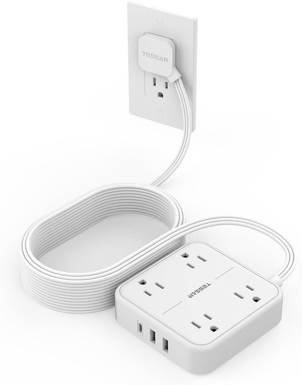 Long Flat Extension Cord 15 ft with TESSAN Surge Protector Power Strip and 4 Outlets