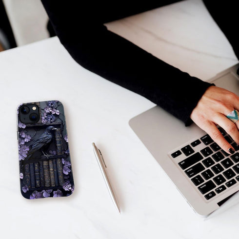 Generic 15 Case for iPhone - Slim Fit Anti-Scratch Phone Case for Girl Women - Purple Gothic Raven Bird Bookshelf