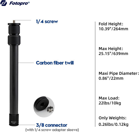 Fotopro 25" Carbon Fiber Tripod - 3-Section Extension Tube, Max Load 22lbs
