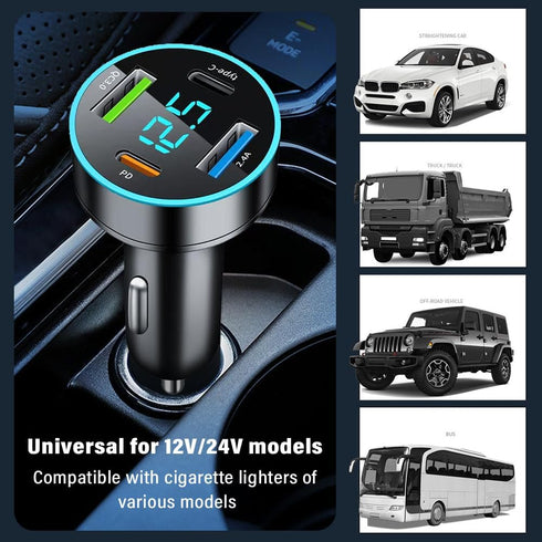 4-in-1 Fast Car Charger, PD/QC3.0/Type C Fast Charging Universal Car Phone Charger with Blue LED & Voltmeter for Car