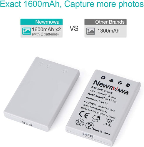 Newmowa EN-EL5 Replacement Battery (2-Pack) and Charger Kit for Nikon EN-EL5, Compatible with Coolpix P530, P520 & More
