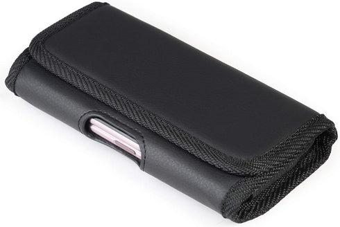 Nakedcellphone Case for Galaxy Z Fold 5 Phone - Black Vegan Leather Horizontal Pouch with Metal Belt Clip, Magnetic