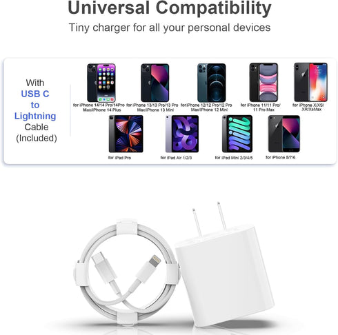iPhone Charger, 2 Pack 20W PD USB C Wall Fast Charger Adapter with 2 Pack 6FT Type C to Lightning Cable