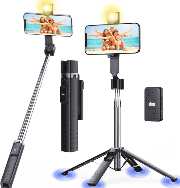 Ambertronix 40” Selfie Stick Tripod Quadrapod, Wireless Bluetooth Remote, Onboard Light, Compatible with iPhone &
